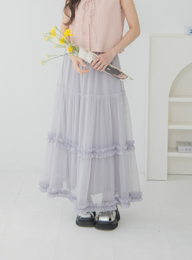 QUEENSHOP 2026春夏新品女装荷叶蛋糕伞摆网纱长裙03021587