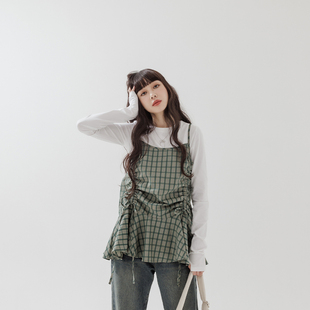 抽皱设计格纹细肩带上衣01099249 女装 QUEENSHOP 2025秋冬新品