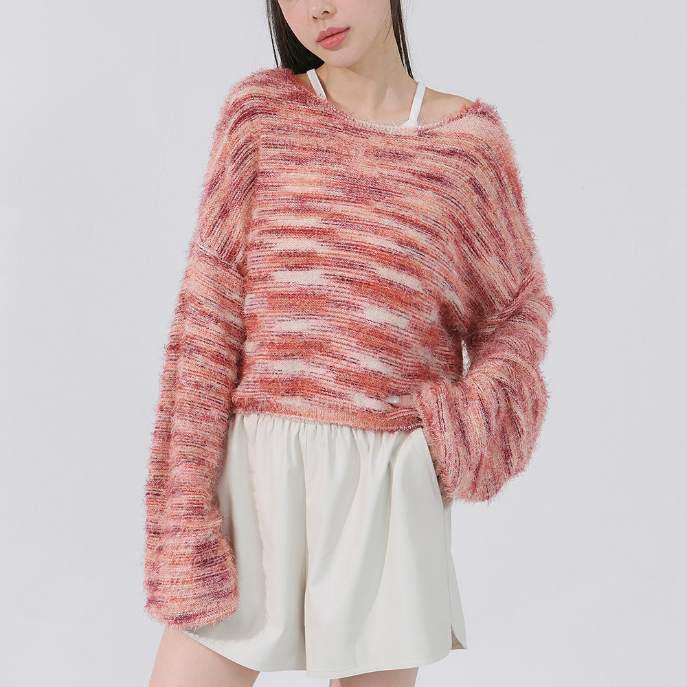 QUEENSHOP 2025秋冬新品女装毛感花纱混纺短版针织毛衣