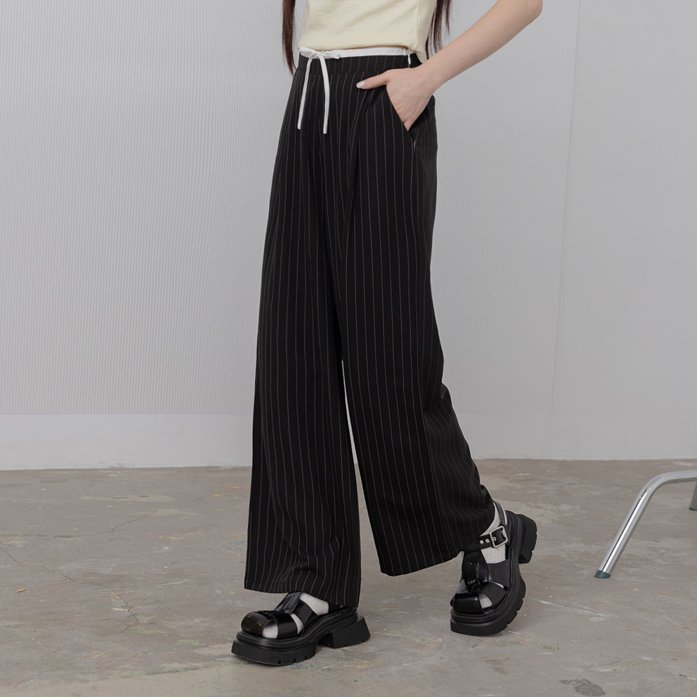 QUEENSHOP 2025春夏新品女装直纹绑带撞色腰头西装长裤