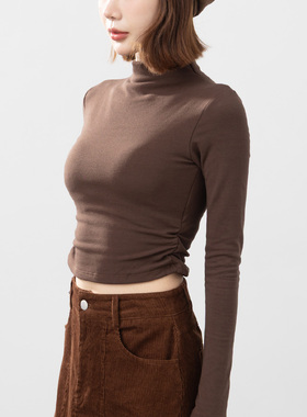 QUEENSHOP2025秋冬新品女装侧抽皱磨毛高领附Bra长袖上衣01099480