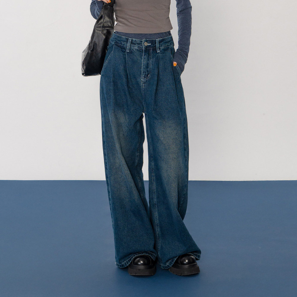 QUEENSHOP 2025秋冬新品女装休闲原色低腰宽版牛仔长裤