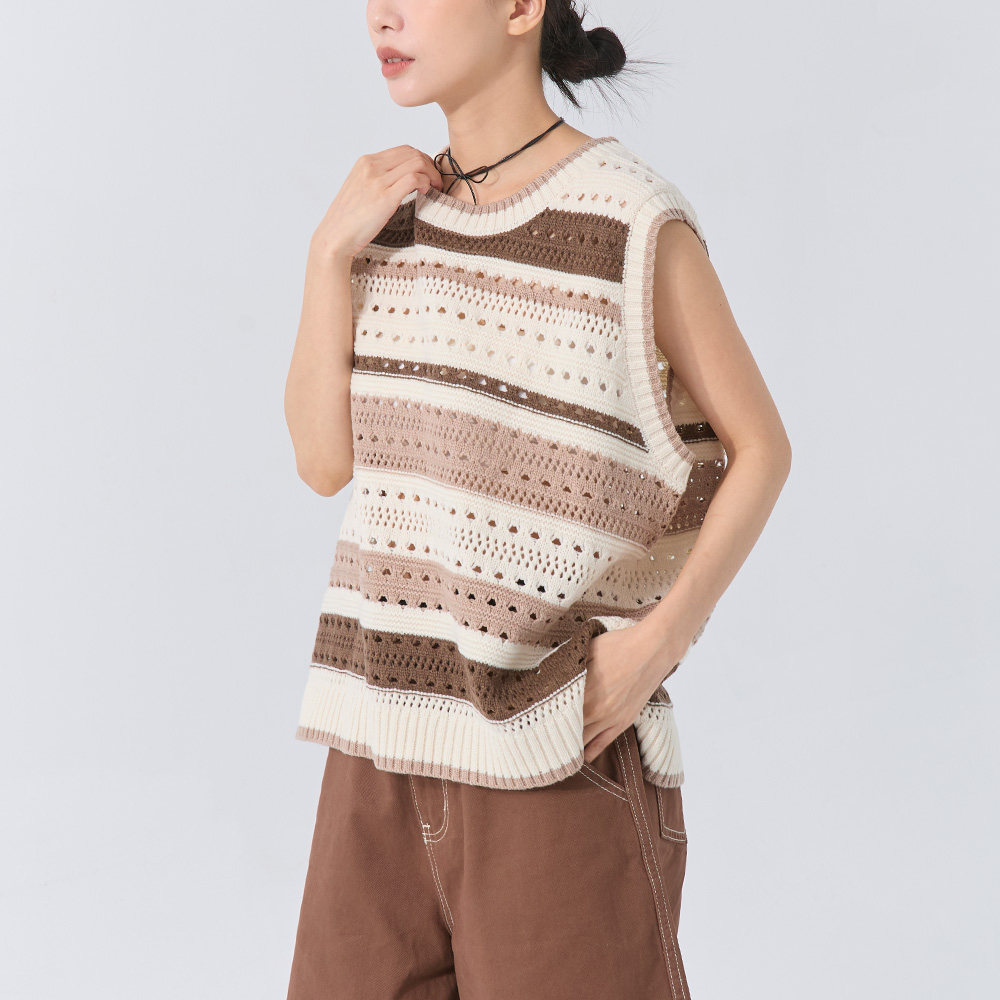 QUEENSHOP 2025秋冬新品女装条纹镂空设计宽版针织背心