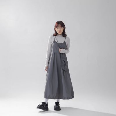 附小包工装抽绳细肩长连衣裙