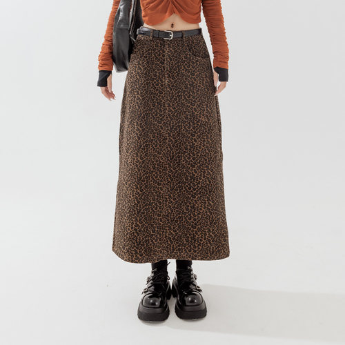 个性豹纹设计直筒长裙附皮带