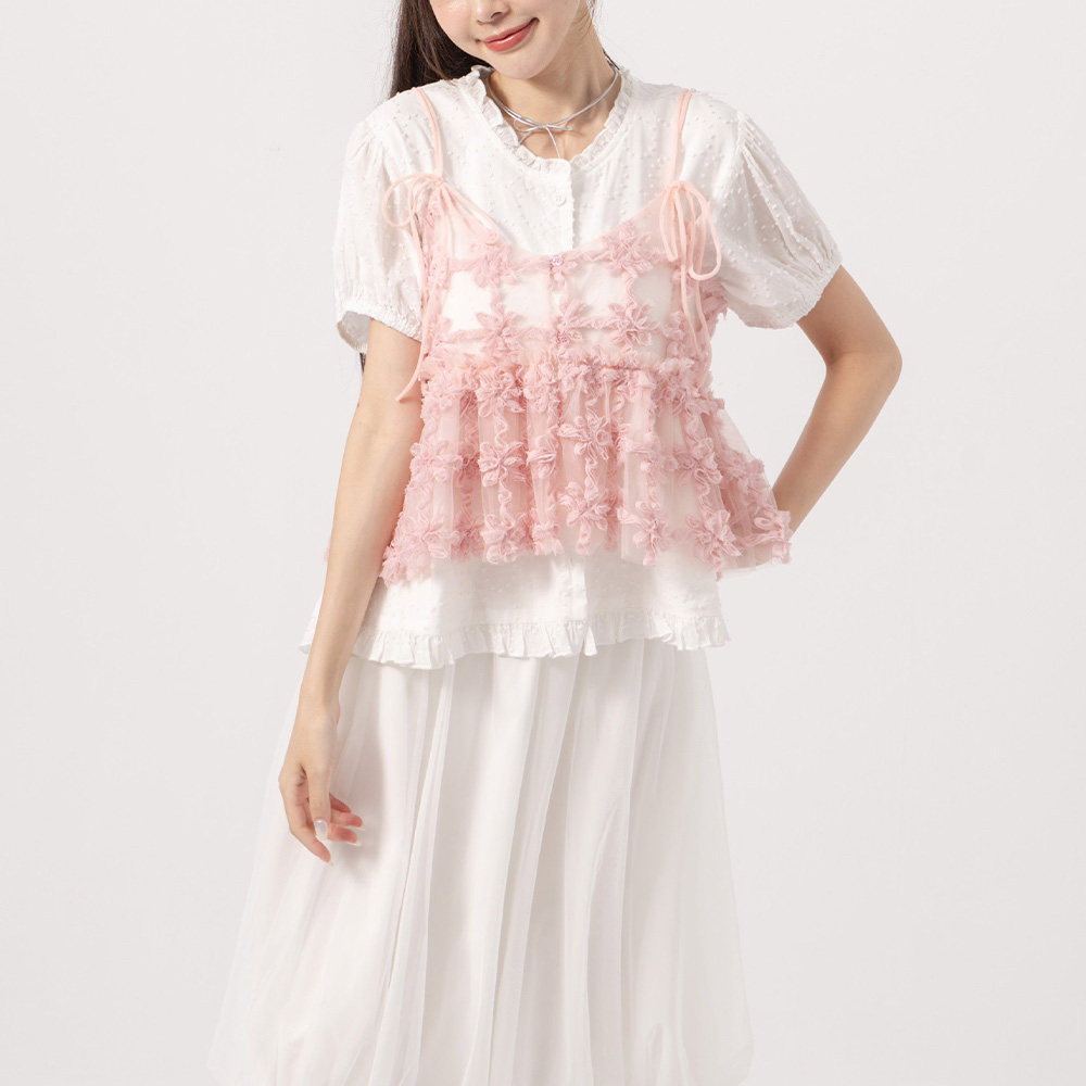 QUEENSHOP2026春夏新品女装立体网纱缇花绑带透肤背心-粉01099867