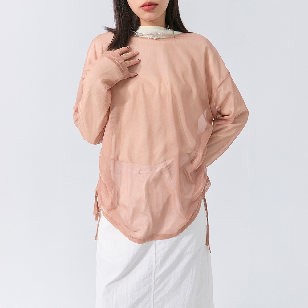 侧抽皱设计网纱透肤罩衫上衣