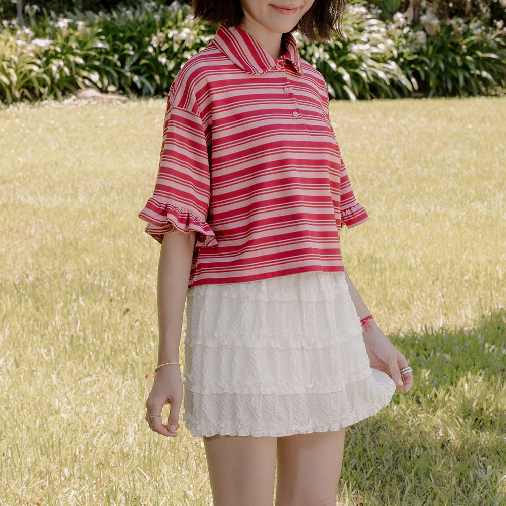 QUEENSHOP 2026春夏新品女装GINNY联名条纹荷叶袖上衣-粉01060081