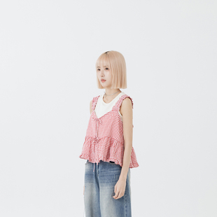 QUEENSHOP 2026春夏新品女装立体泡泡格纹伞摆罩衫背心01099679