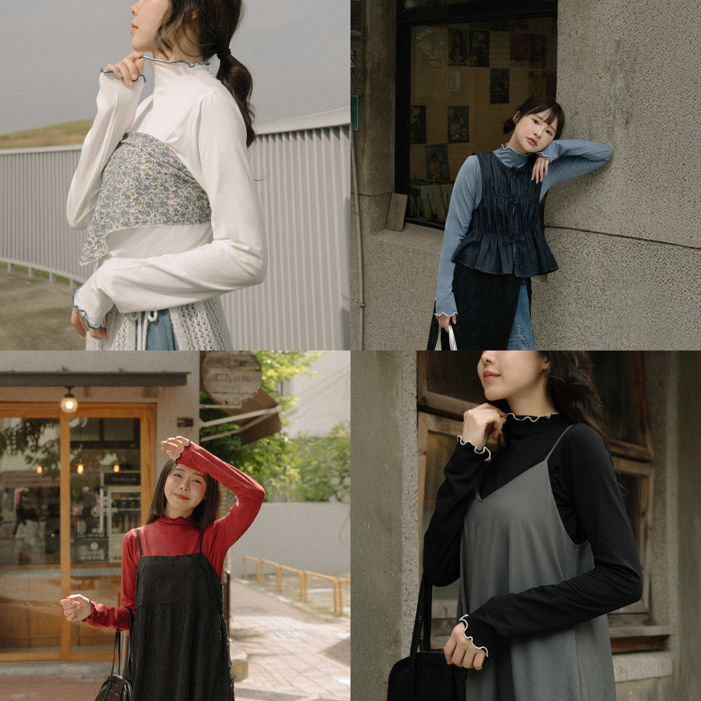 QUEENSHOP 2025秋冬新品女装配色木耳边高领长袖上衣0