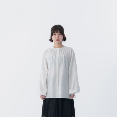 素面缇花中山领澎袖长袖衬衫