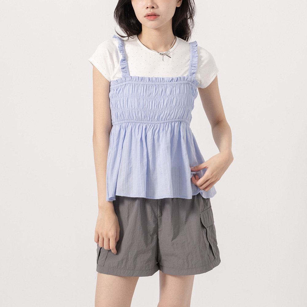 QUEENSHOP2026春夏新品女装条纹荷叶肩带伞摆罩衫背心-蓝01099770