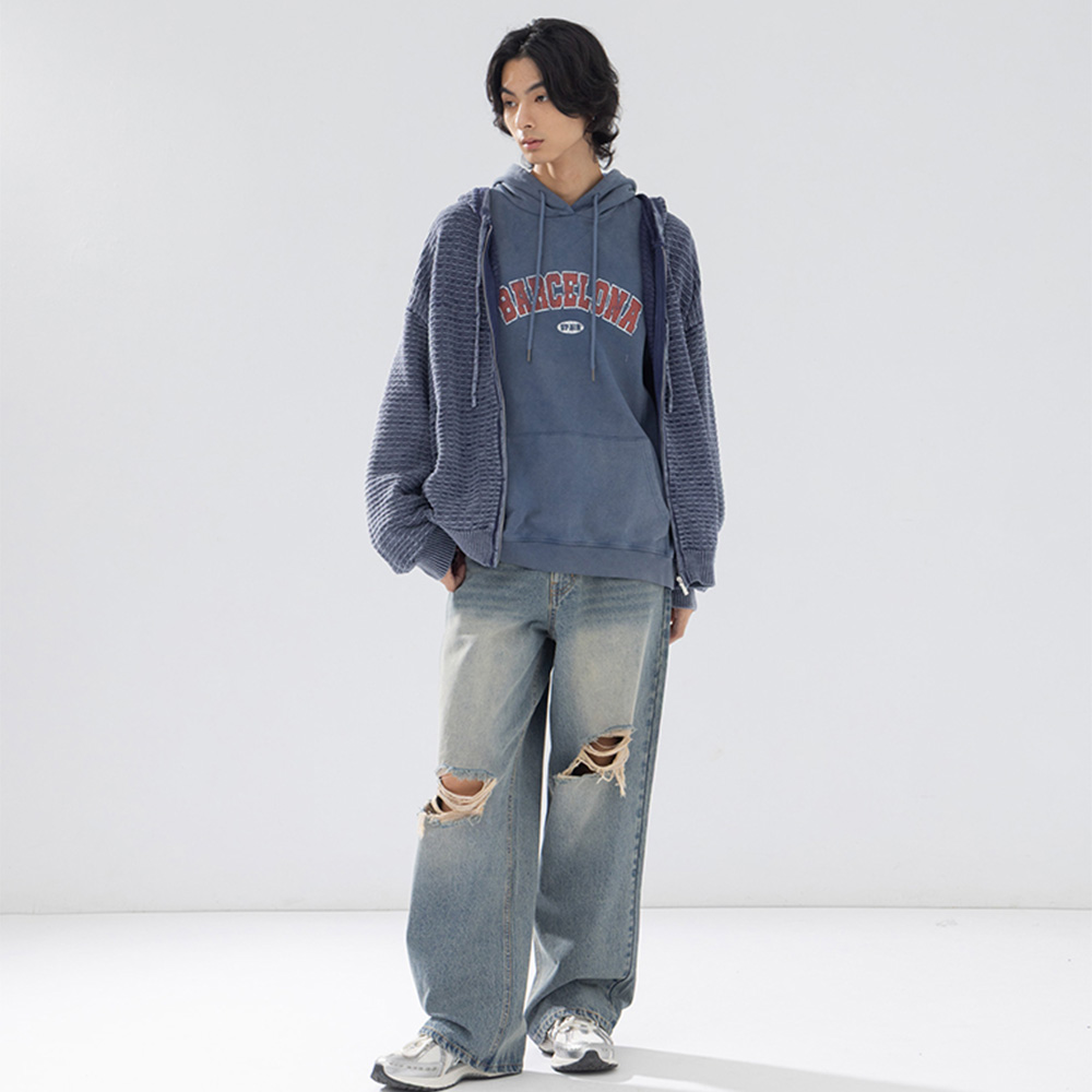 QUEENSHOP2025秋冬新品男装BARCELONA洗旧印连帽上衣-蓝01099375