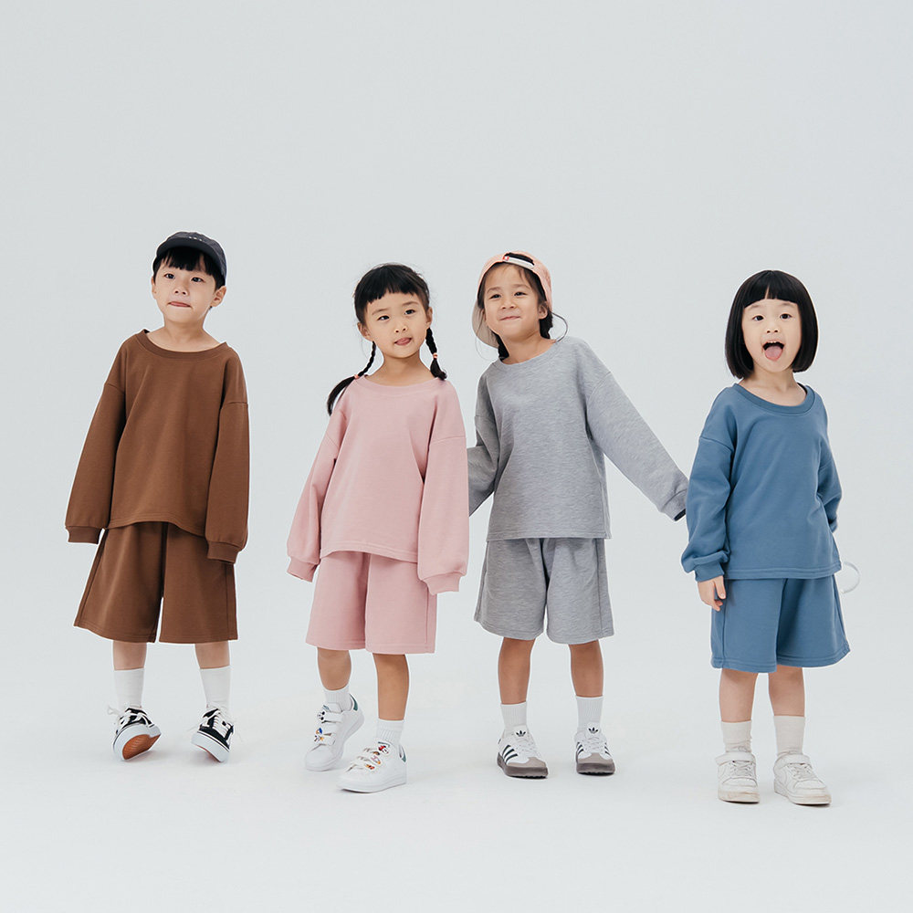 童装素面休闲长袖短裤套装