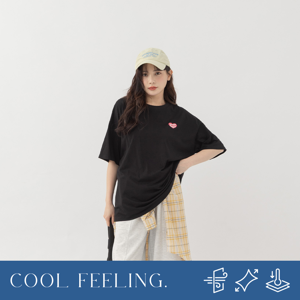 QUEENSHOP 2025春夏新品女装凉感爱心刺绣宽版短袖上衣