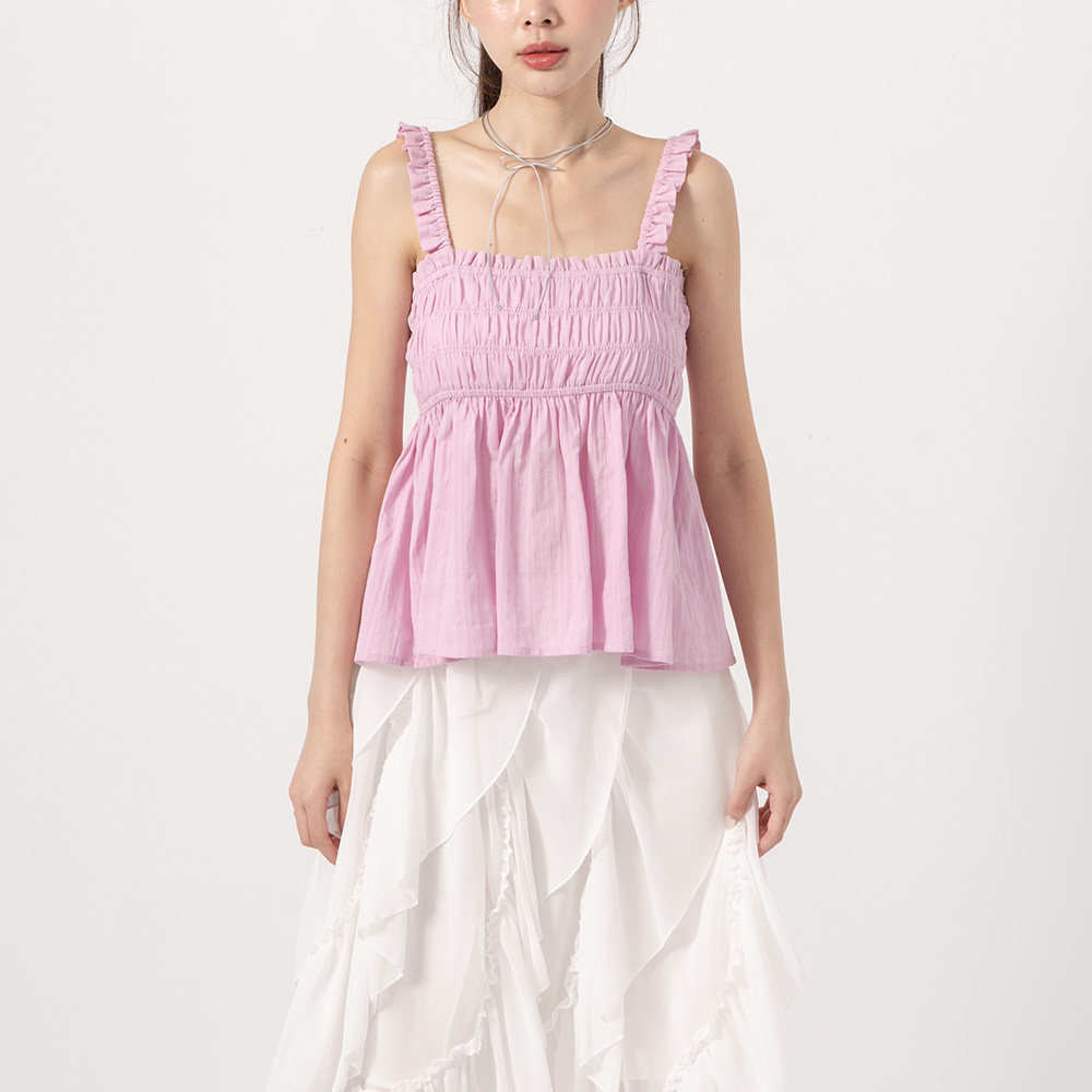 QUEENSHOP2026春夏新品女装条纹荷叶肩带伞摆罩衫背心-粉01099771