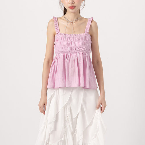 QUEENSHOP2026春夏新品女装条纹荷叶肩带伞摆罩衫背心-粉01099771
