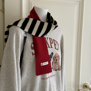 红撞黑白条纹绝绝子显白保暖毛线小围巾装饰2025秋冬季学生围脖女