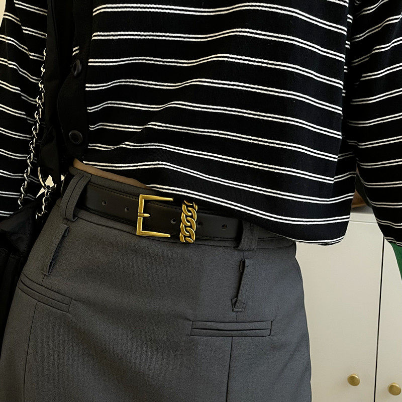 高级感复古金扣皮带女士真皮腰带牛皮裤带麻花金属装饰韩版新款潮