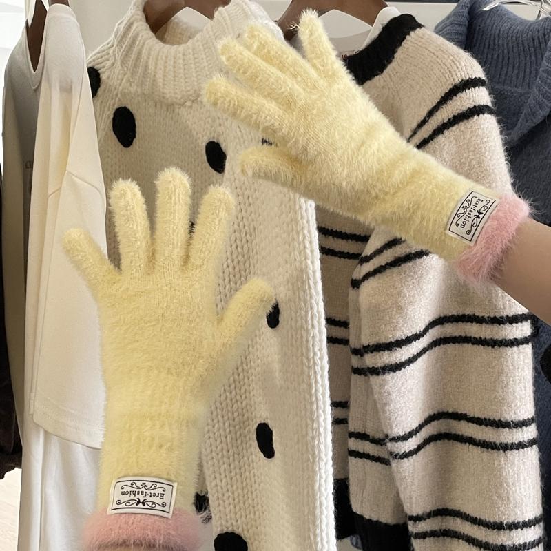 毛绒绒超舒服露指触屏玩手机五指手套冬季保暖纯色百搭女可爱毛茸