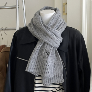 韩系高级灰麻花围巾~秋冬季保暖围脖学生刺绣egg含羊毛男女情侣款