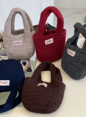 出口韩单mini红色小包毛线针织手拎包手提包女士春秋冬季包包新品