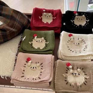 森系古着妈妈牌钩针围巾蘑菇小熊可爱围脖红色圣诞款毛线保暖冬季