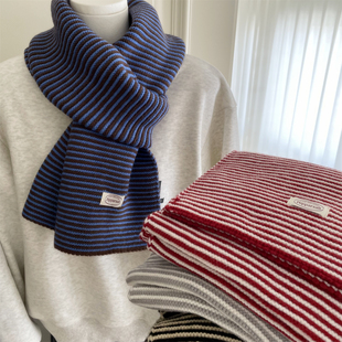 韩代同款 蓝色细条纹围巾柔软亲肤秋冬季保暖加厚大围脖韩系男女