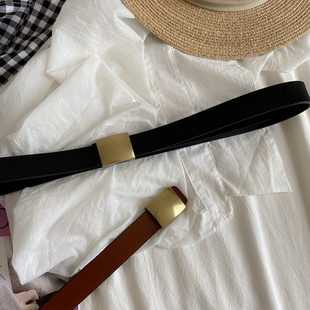 重工实心扣头古铜金皮带腰带女士韩国新款正方形扣头复古潮流裤带