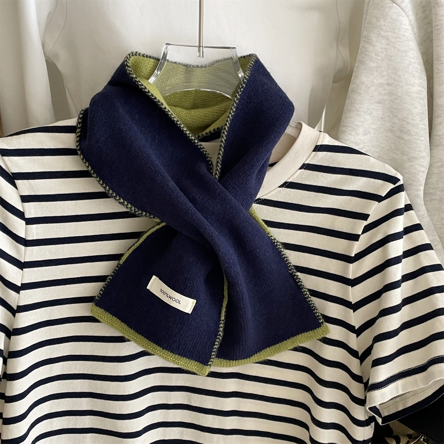 百分百wool纯羊毛撞色小围脖交叉设计韩系红色围巾针织毛线领子女