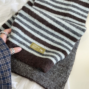 韩系复古海盐蓝拼咖细条纹围巾温柔学院风毛线围脖秋冬季保暖女士