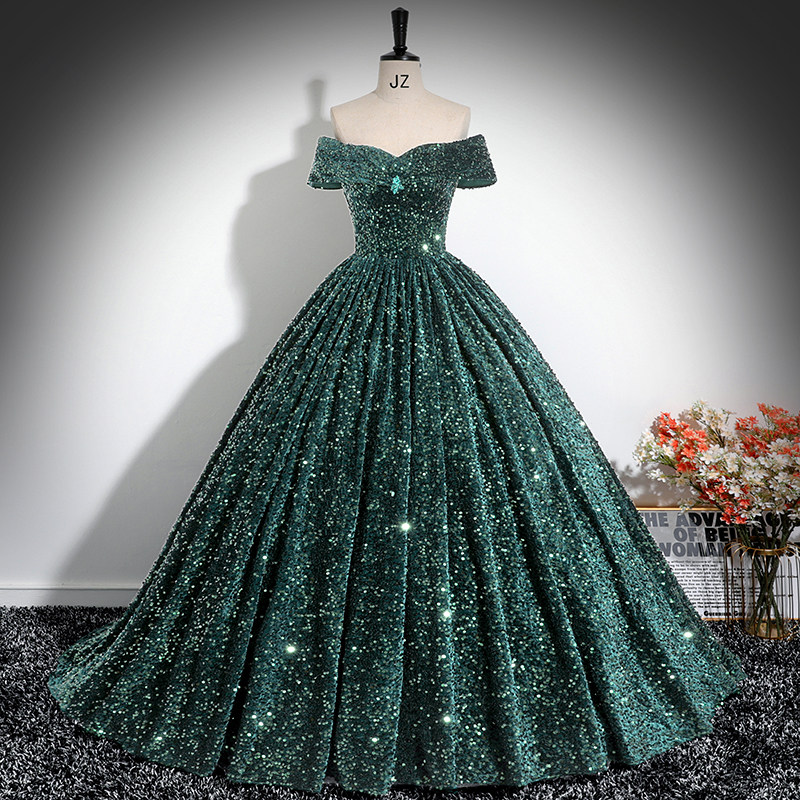 一字肩亮片晚礼服女声乐艺考美声独唱演出服年会主持人表演蓬蓬裙