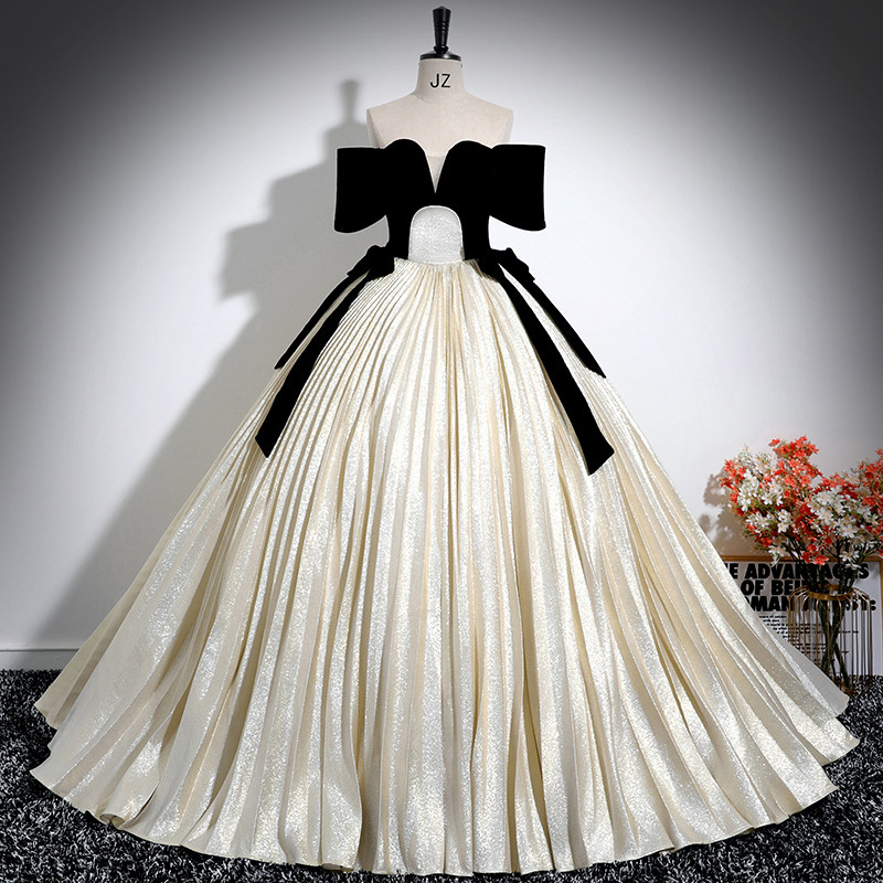 一字肩晚礼服声乐艺考美声独唱演出服百褶裙年会主持人生日蓬蓬裙