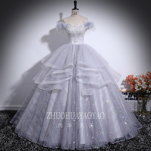 一字肩羽毛晚礼服女学生声乐艺考独唱演出服年会主持人走秀蓬蓬裙