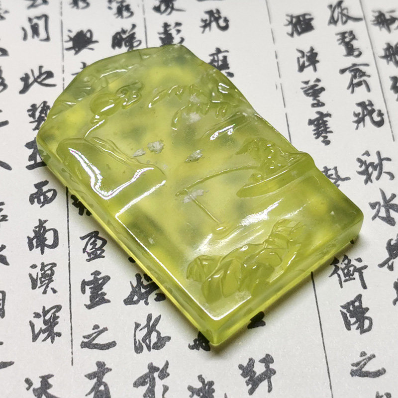 不酸洗充胶不染色天然黄金玉岫岩玉本地料独钓寒江雪飘雪棉吊坠牌