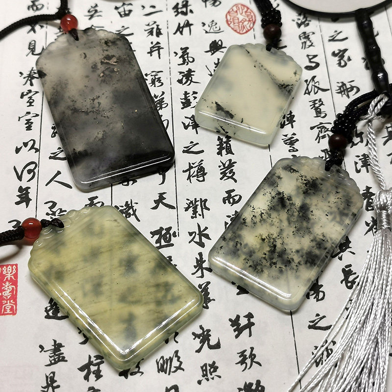 手工打磨精细做工纯天然水墨岫玉高冰黄冰带沁祥纹排头平安无事牌