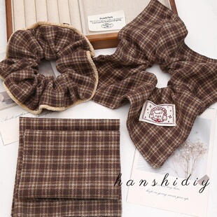 韩系秋冬磨毛格纹方巾发圈格子大肠圈diy布料皮筋头绳制作材料