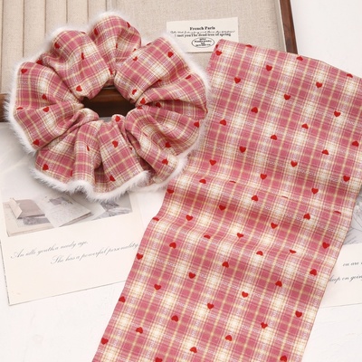 甜美格纹红爱心大肠发圈diy材料