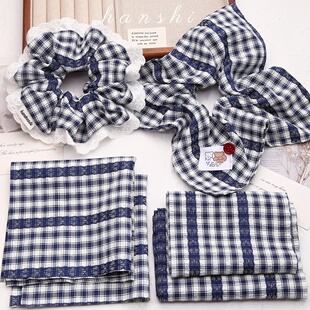 复古学院风藏青蕾丝格子格纹布料方巾发圈diy材料手工发饰辅料