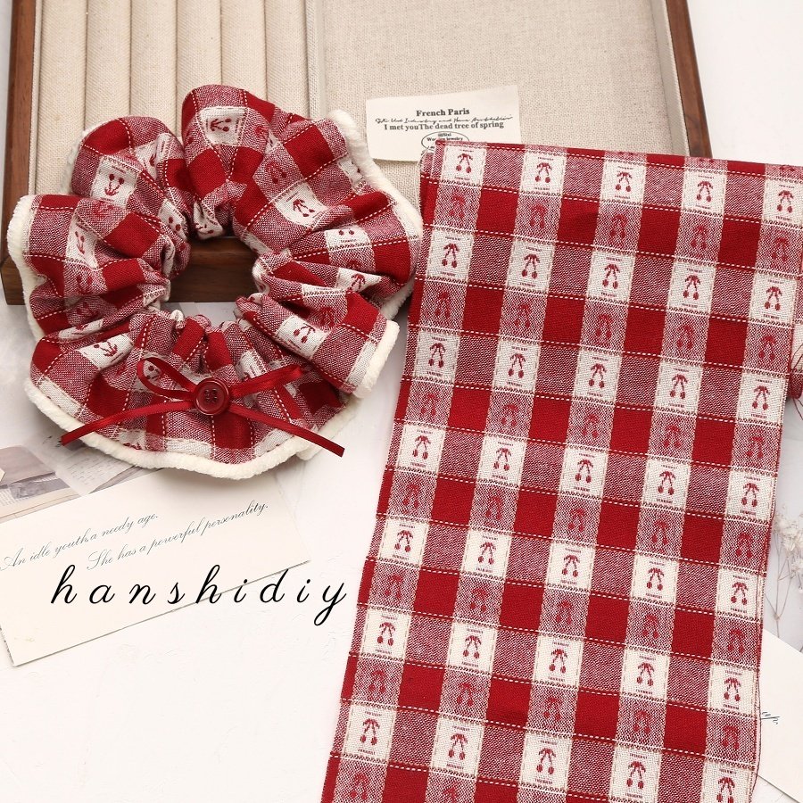 圣诞新年甜美红色樱桃格纹棉布大肠发圈diy布料布条手工发饰材料