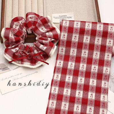 红色樱桃格纹棉布大肠发圈布料