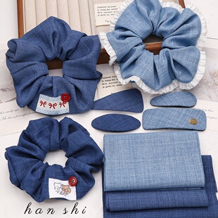 韩系牛仔蓝发圈复古纽扣大肠圈diy布料材料手工发饰头绳辅料