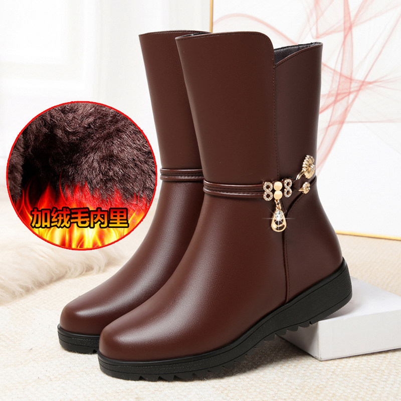 新款妈妈棉鞋中筒靴真皮加绒保暖软底中老年皮鞋平底女鞋中跟棉靴,女鞋,时装靴,淘宝优惠券,粉丝福利购,淘宝优惠卷