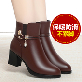 冬季 软底舒适保暖棉靴子粗跟女士棉皮鞋 妈妈棉鞋 真皮短靴中年女鞋