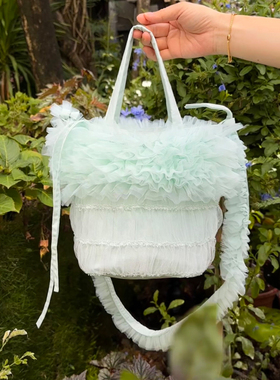 希厘原创设计淡薄荷绿色手拎包串珠多层褶皱网纱单肩包斜跨水桶包