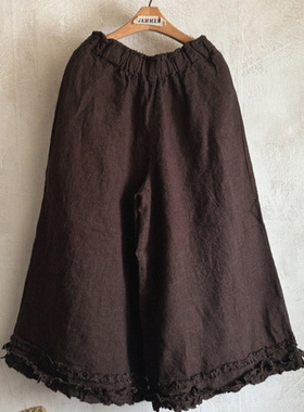 韩国代购 JAMMER Molly frilled 水洗亚麻 阔腿九分裤