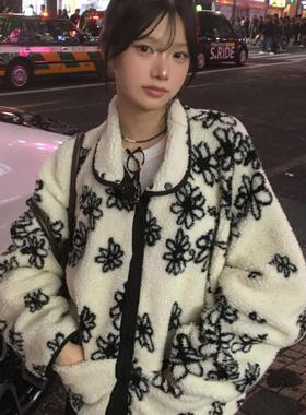 韩国代购 modimood flower 翻领 纽扣 羊羔绒 外套