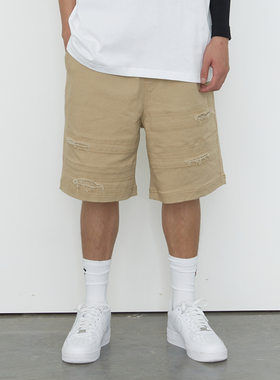 潮牌fairplay刀割破坏做旧宽松直筒弹力休闲街头工装五分短裤