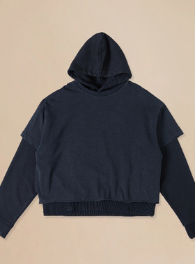 【四折】纽约设计师品牌Profound 复古破坏 洗水做旧假两件帽衫