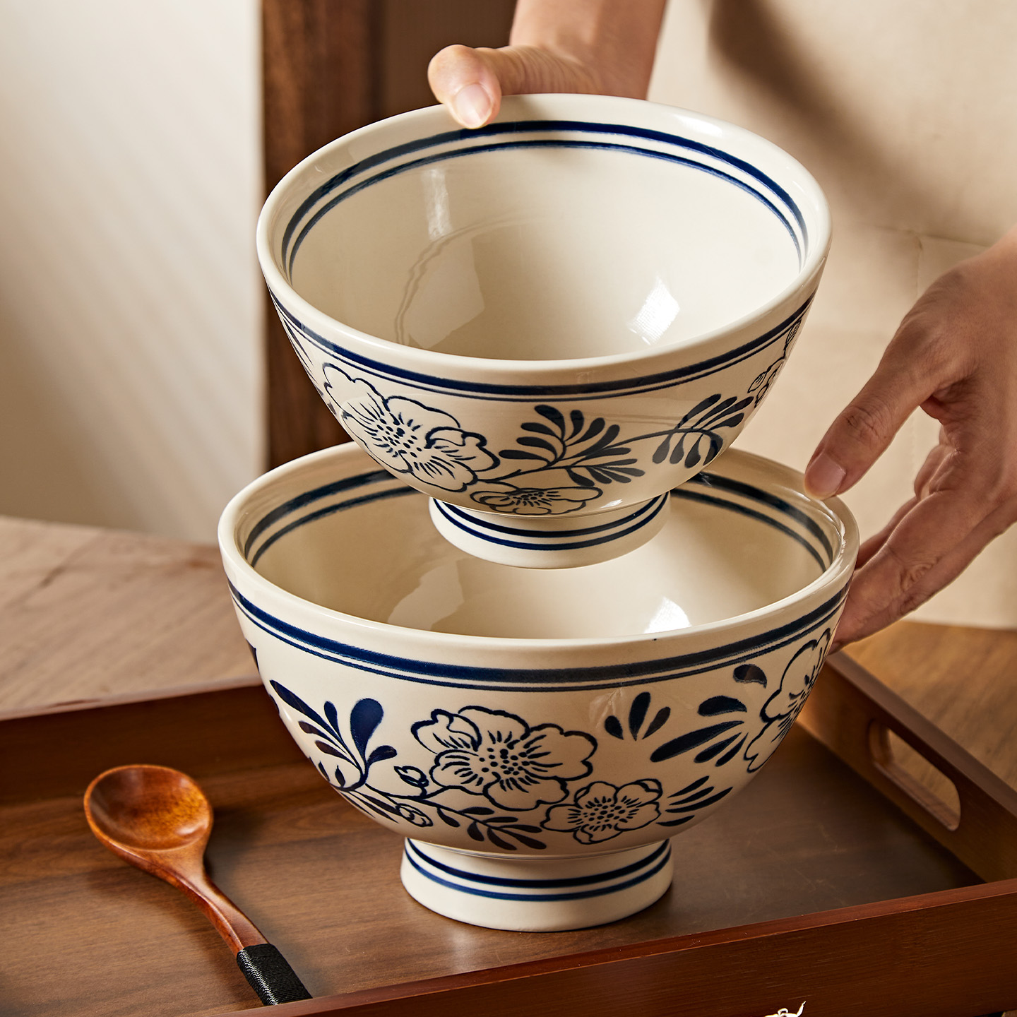 中式复古陶瓷高脚碗大号